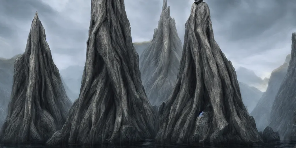 Image similar to Argonath statues at the River Anduin, evening, detailed matte painting, low angle view, cinematic, Alan Lee, Artstation