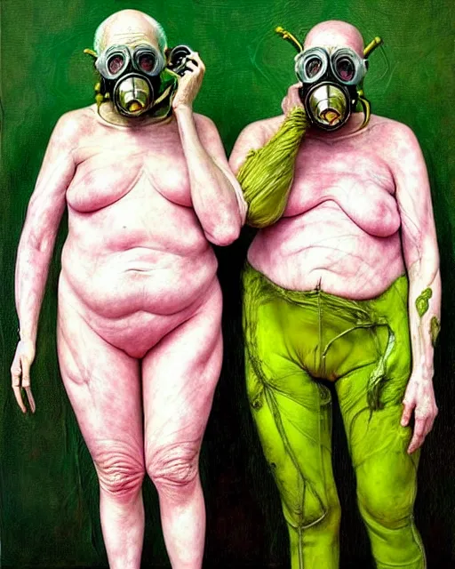 Prompt: two skinny lumpy old people wearing gas masks, cinematic, dystopian, eerie, horror, gothic, draped in gold, green and pink, highly detailed hyper surreal painting by !!!Jenny Saville!!!, Esao Andrews, Francis Bacon, Edward Hopper, surrealism, art by Takato Yamamoto and James Jean