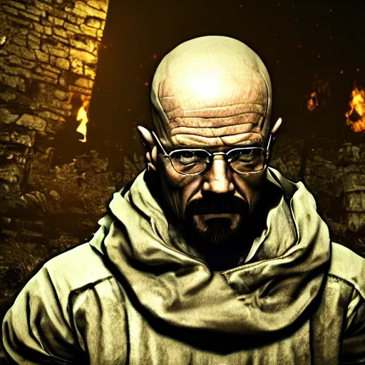 Image similar to Walter White in Dark Souls, screenshot, 4k, cinematic