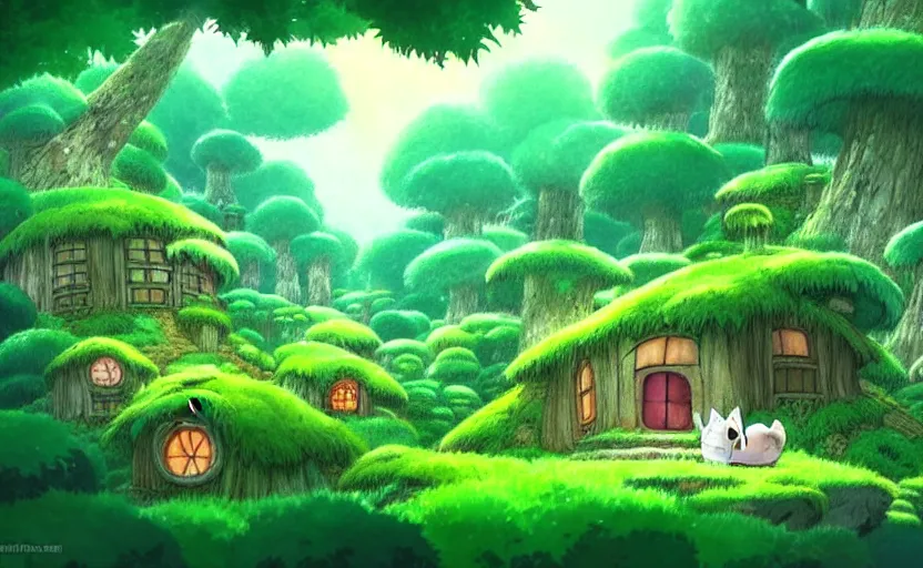 Prompt: lush forest with a cute woodland home, fantasy studio ghibli animated film, fantasy concept art, aesthetic, glob