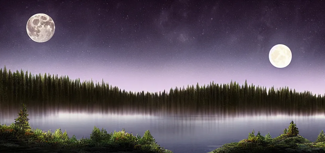 Image similar to full moon shining over a lake, forest in the background, starry night, dynamic glowing lighting, volumetric, bokeh, cinematic, establishing shot, extremly high detail, photo realistic, cinematic lighting, post processed, concept art, artstation, matte painting, style by eddie mendoza, raphael lacoste, alex ross