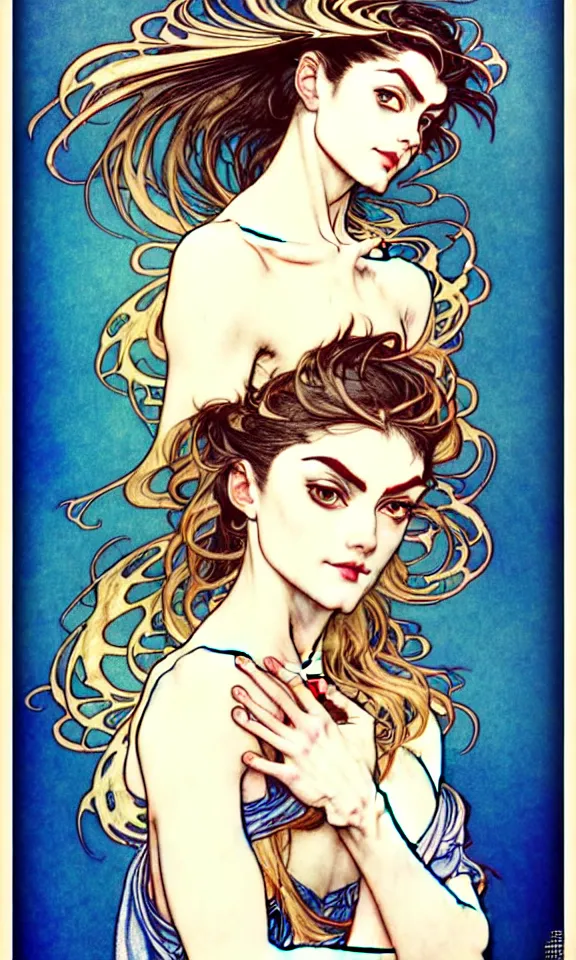 Image similar to in the style of artgerm, arthur rackham, alphonse mucha, phoebe tonkin, symmetrical eyes, symmetrical face, flowing blue skirt, full entire body, hair blowing, intricate filagree, hidden hands, warm colors, cool offset colors