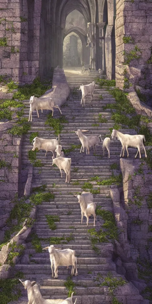 Image similar to a herd of goats! on stairs in a beautiful fantasy cathedral, medieval citadel, medieval castle, many goats, magic, tall towers, gorgeous clouds, colorful, open space, sunrays, digital painting, landscape, octane render, unreal engine, high detail, very realistic