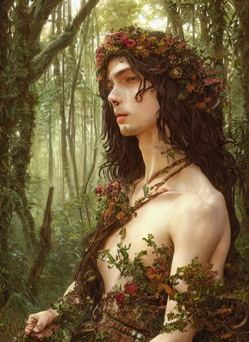 Image similar to intricate detailed portrait painting of a male druid, temple ruins surrounded by lush forest, afternoon, intricate, elegant, highly detailed, digital painting, sharp, focus, illustration art by artgerm and greg rutkowski and alphonse mucha