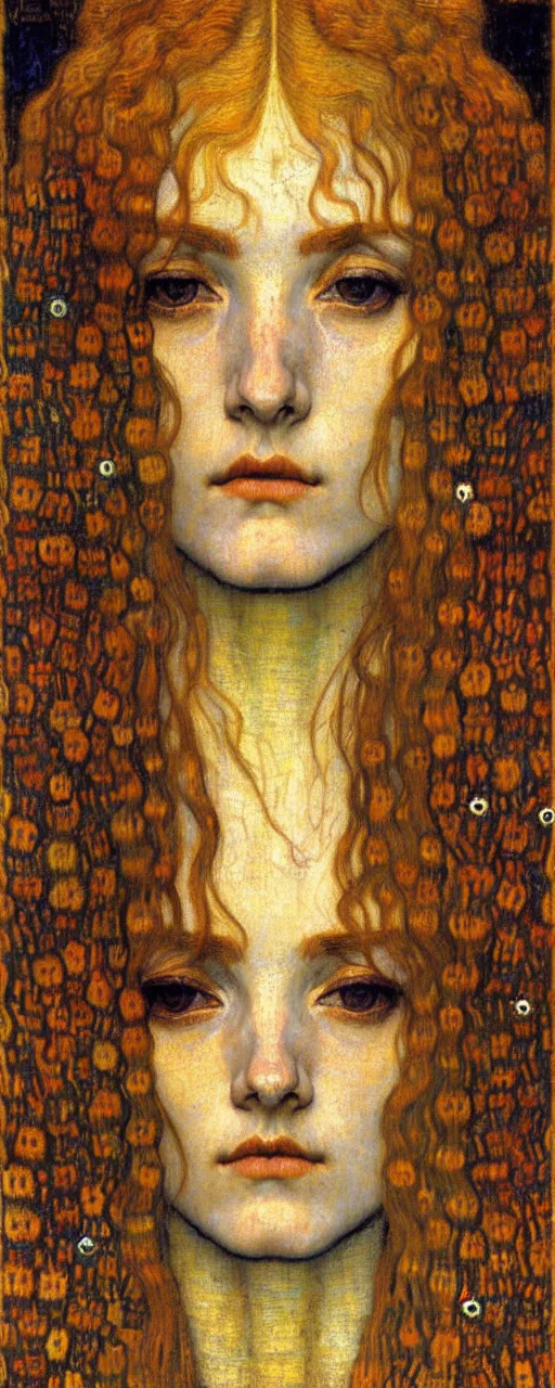 Image similar to detailed realistic beautiful young medieval queen face portrait by jean delville, gustav klimt and vincent van gogh, art nouveau, symbolist, visionary, gothic, pre - raphaelite, muted earthy colors, desaturated