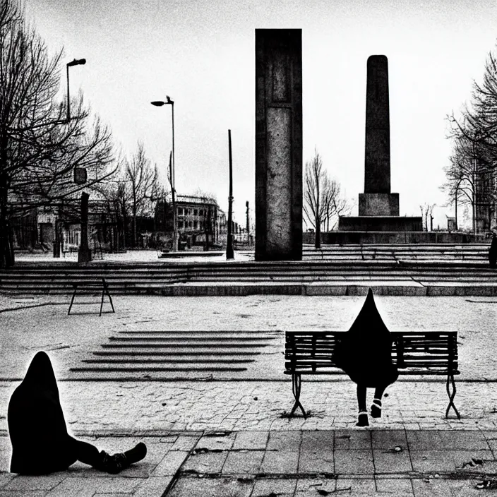 Prompt: sadie sink in hoodie sits on bench in ruined square, pedestrians walk by, old soviet monument. storyboard in the style of gabriel hardman. scifi cyberpunk. cinematic atmosphere, detailed and intricate, perfect anatomy