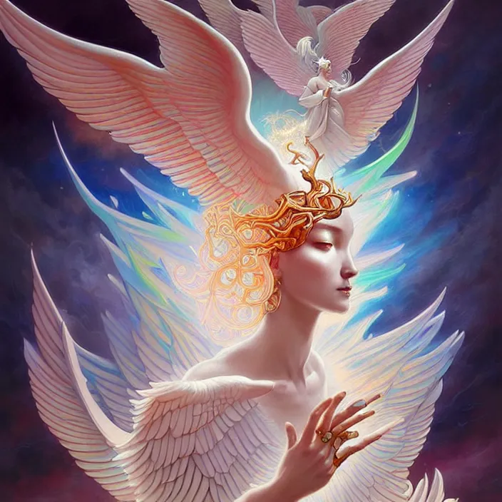 Prompt: stylized painting of an psychedelic angelic celestial being mythical creature by peter mohrbacher, by jung gi kim, trending on artstation, winged head, white gold skin, ayahuasca, sacred geometry, esoteric art