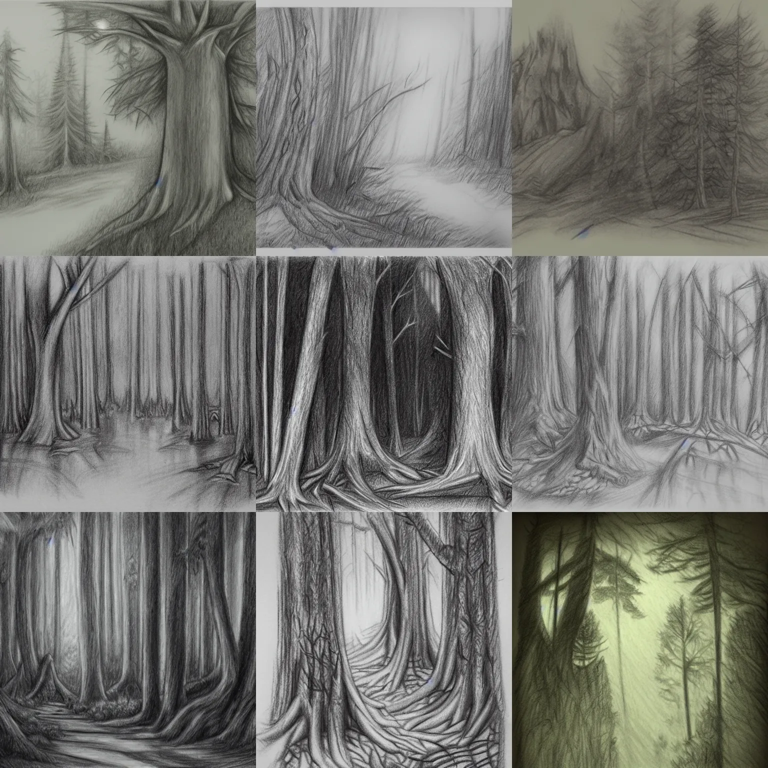 Prompt: pencil sketch of forest, fantasy