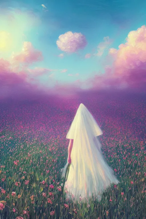 Image similar to giant white flower head, veil girl walking in a flower field, surreal photography, sunrise, dramatic light, impressionist painting, colorful clouds, digital painting, artstation, simon stalenhag