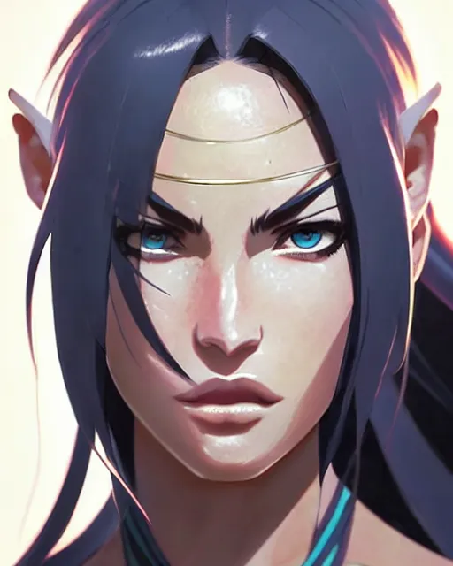 Image similar to azctec warrior, megan fox, gemstone forehead, detailed perfect face, exquisite details, fire magic, mid view, design on a white background, by studio muti, greg rutkowski makoto shinkai takashi takeuchi studio ghibli