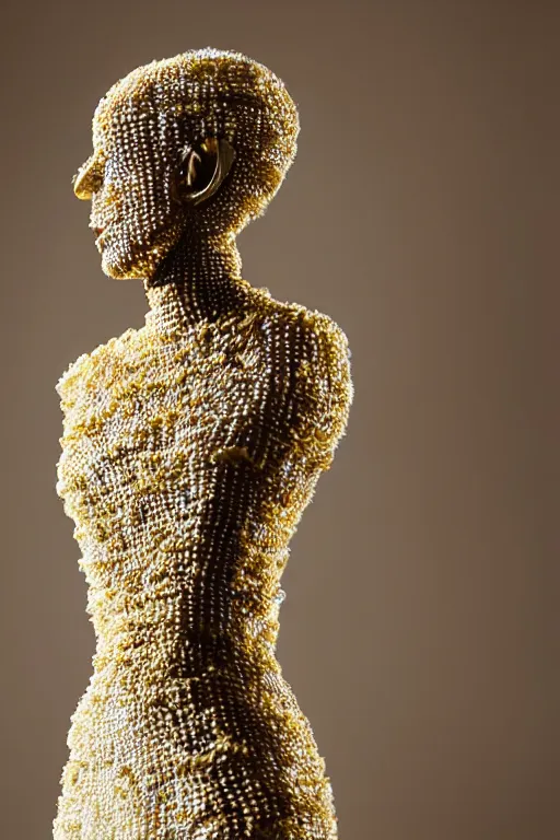 Prompt: A beautiful dress made of a bee hive, on a mannequin. High resolution, studio lighting