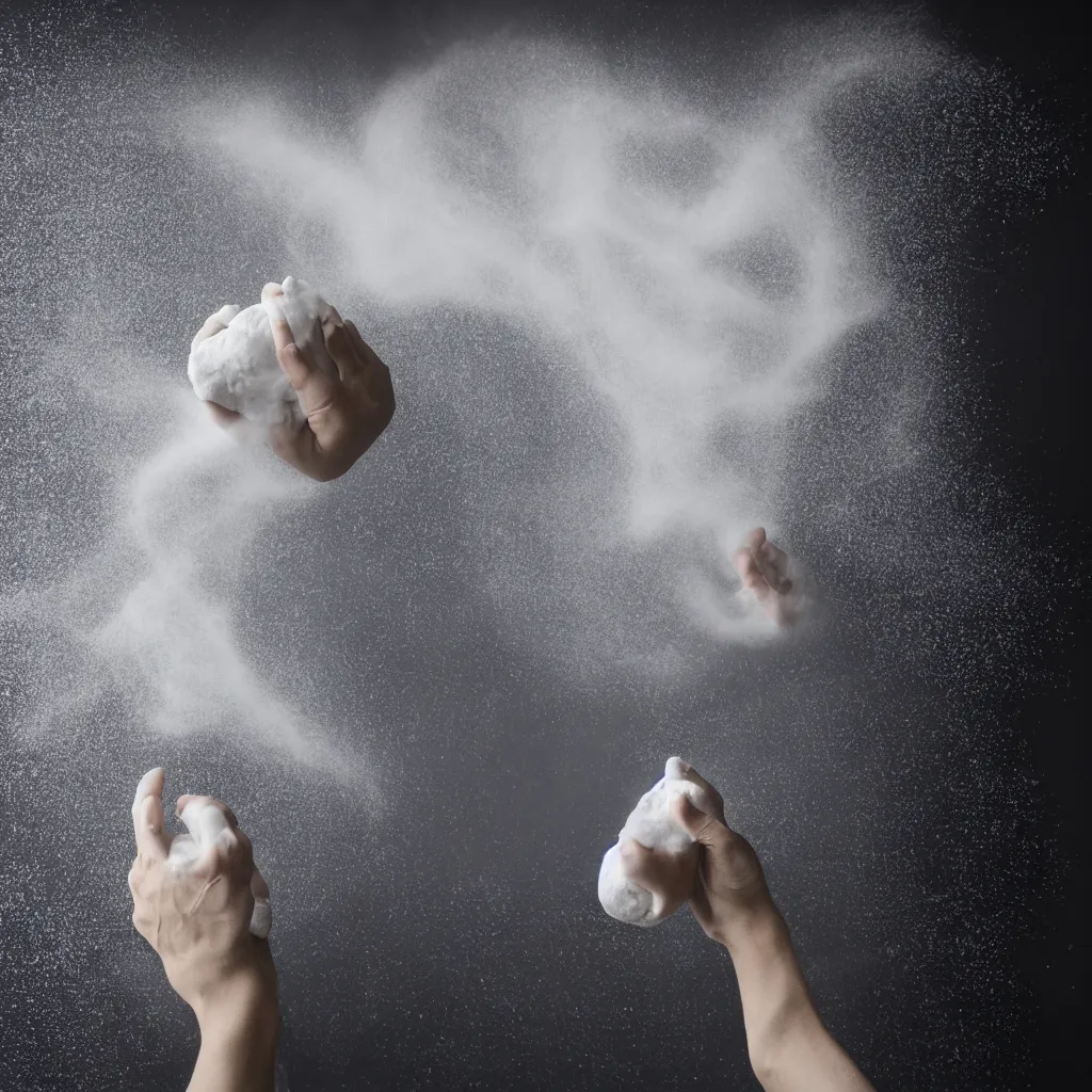 Prompt: a photo of two hands manipulating a smooth dough floating and spinning in the air, black background, flour dust spray, backlit, high quality action photography, studio photo, 50mm