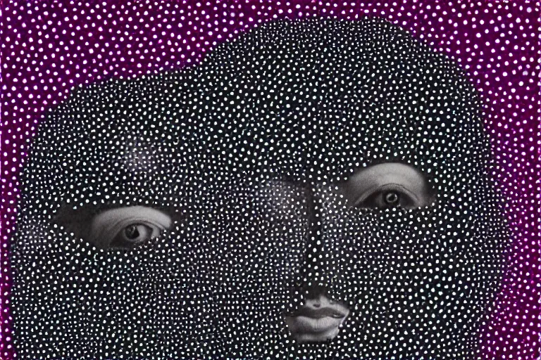 Image similar to anxiety, faceless people dark, dots, drip, stipple, pointillism, technical, abstract, minimal, style of francis bacon, asymmetry, pulled apart, cloak, eerie, made of dots, abstract, balaclava mask, colored dots, sploch