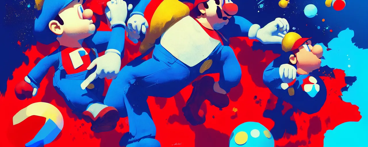 Image similar to duotone red blue illustration 3 / 4 portrait of realistic super mario is having psychedelic trip on magic mushrooms composition accidental renaissance golden ratio. by sachin teng and sergey kolesov and ruan jia and heng z. graffiti art, scifi, fantasy, hyper detailed. octane render. concept art. trending on artstation