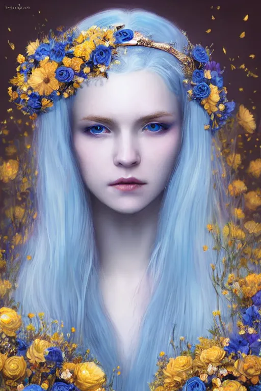 Image similar to a pale girl with white hair wears floral crown, sad blue eyes, cinematic lighting, ultra detailed, highly detailed, sharp focus, golden background with flowers, golden jewellery with blue sapphires, photographic, art by artgerm and greg rutkowski and zdislav beksinski