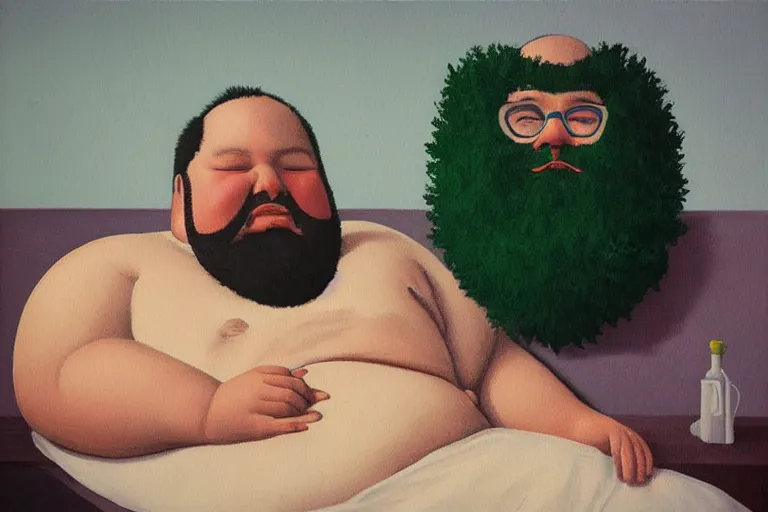 Image similar to “Happy Fat man with big beard having summer vacation in Hospital bed. Painting in the style of Magritte”