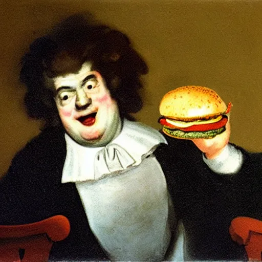 Prompt: ronald mcdonald eating a hamburger, painting by francisco goya