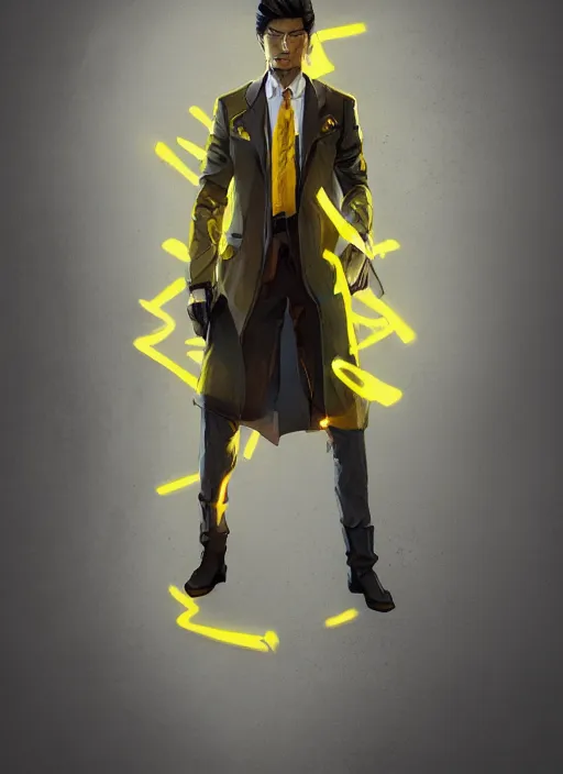 Image similar to a highly detailed illustration of Daniel Matsunaga as serious detective wearing detective coat, glowing yellow eyes, dramatic standing holding closed book pose, muscular, intricate, elegant, highly detailed, centered, digital painting, artstation, concept art, smooth, sharp focus, league of legends concept art, WLOP