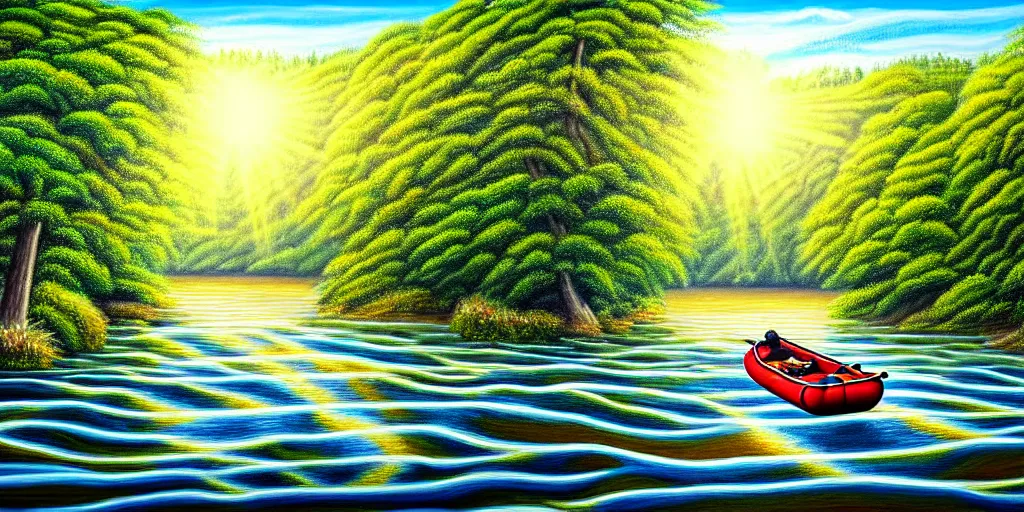 Image similar to A very detailed painting in the style of featuring a river in Europe surrounded by trees and fields. A rubber dinghy is slowly moving through the water. Sun is shining, photorealistic digital art