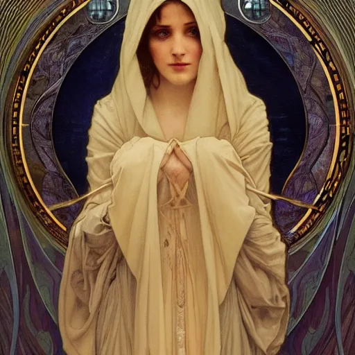 Image similar to stunning, breathtaking, awe-inspiring award-winning concept art nouveau painting of attractive Hooded figure as the goddess of the moon, with anxious, piercing eyes, by Alphonse Mucha, Michael Whelan, William Adolphe Bouguereau, John Williams Waterhouse, and Donato Giancola, cyberpunk, extremely moody lighting, glowing light and shadow, atmospheric, cinematic, 8K