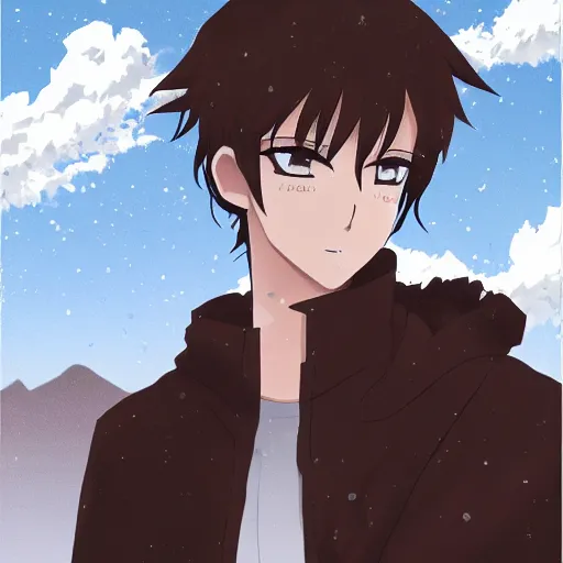 Prompt: young adult, male, medium length black hair, brown eyes, pale skin, standing on a mountain, night, full moon, anime style