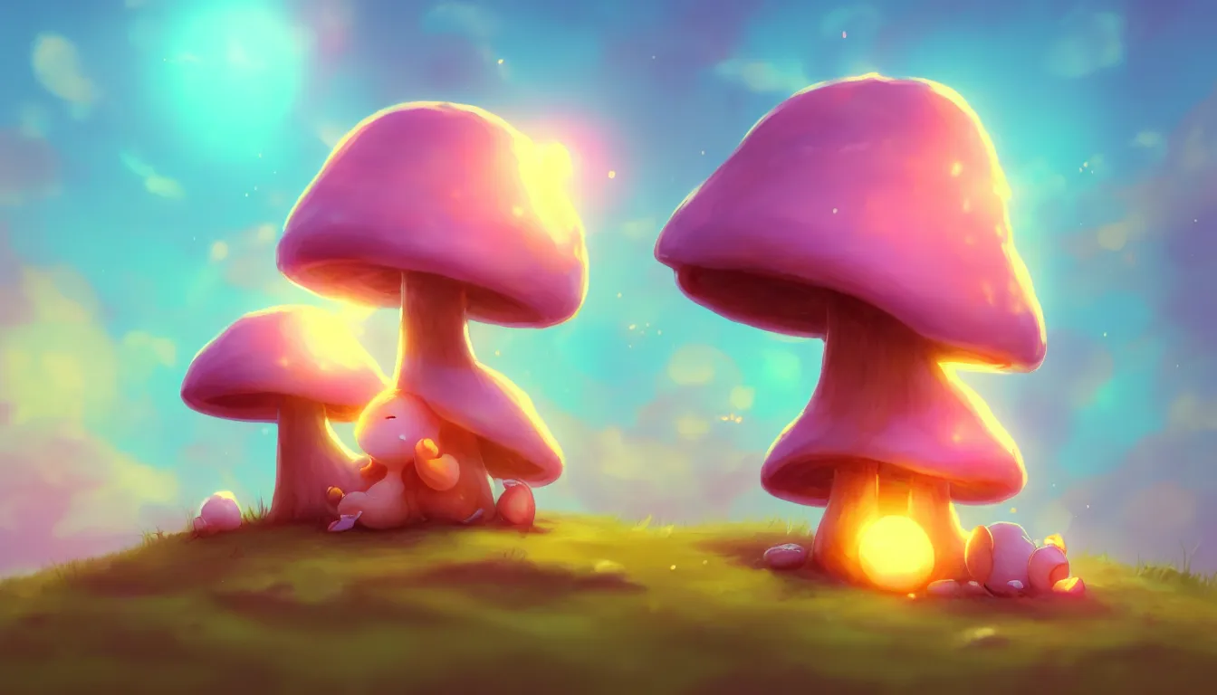 Image similar to concept art for a cute thicc mushroom creature, anime style, golden hour, lens flare, pastel pink glow, sitting on the beach | | epic - fine - clean, polished, trending on artstation, brush strokes