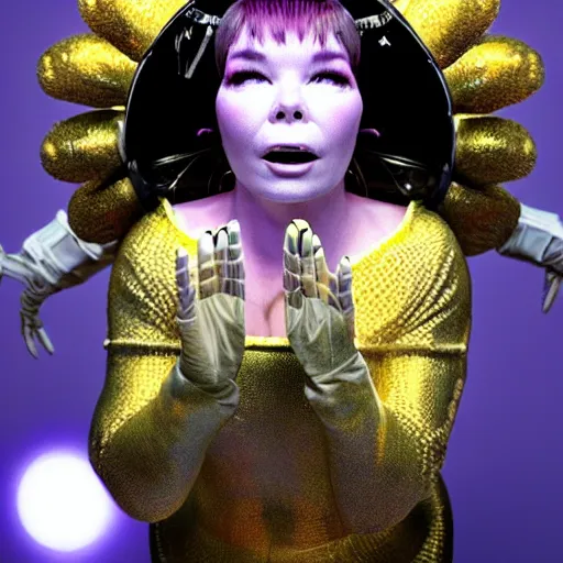 Image similar to bjork as an alien visitor to a new world, delivering musical artistry never before heard or seen