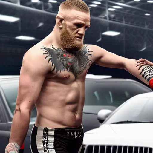 Image similar to a humanoid car wrestling conor mcgregor, ultra detailed, ultra realistic