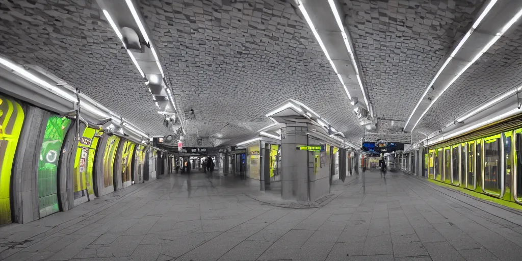 Image similar to empty subway station at night lit up by fluorescent, led and neon lights, night photography, 2 0 0 mm, f 4, canon