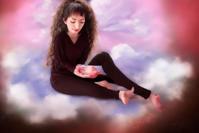 Image similar to a cute beautiful girl sitting on a cloud relaxing, digital painting, portrait, fish eye lens,
