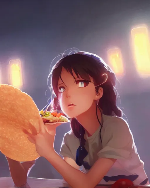 Image similar to a girl eating a huge taco, full shot, atmospheric lighting, detailed face, by makoto shinkai, stanley artgerm lau, wlop, rossdraws
