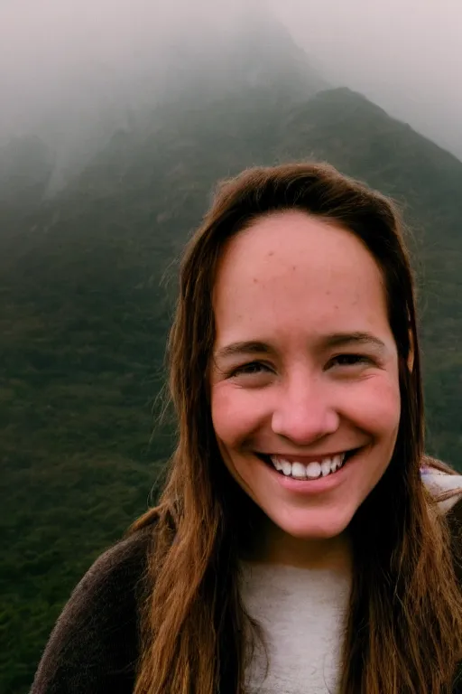 Prompt: film still, extreme close-up, woman smile, fog, mountains in distance, 35mm