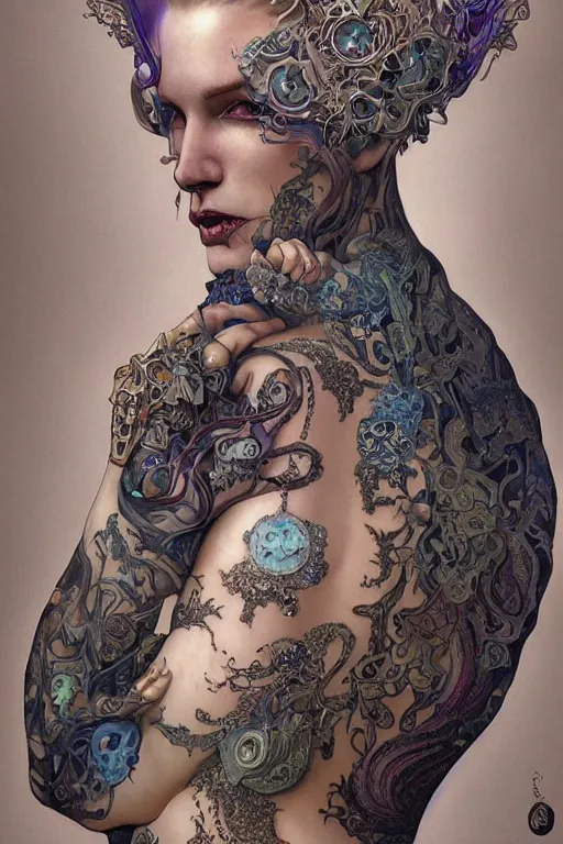 Image similar to A fractal Mesmerizing 8k hyperrealistic Photo Portrait of a pale skinned human with a tattoo by Joe Fenton that is transforming into iridescent geometry, cyberpunk, Surrounded by Mist, highly detailed, intricate, sci-fi, sharp focus, subsurface scattering, art by Caravaggio, Greg rutkowski, Sachin Teng, Thomas Kindkade, Alphonse Mucha, Norman Rockwell, Tom Bagshaw.