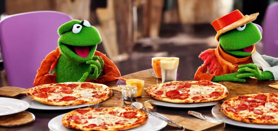 Prompt: an original muppet character sitting at a table with pizza in the style of the dark crystal