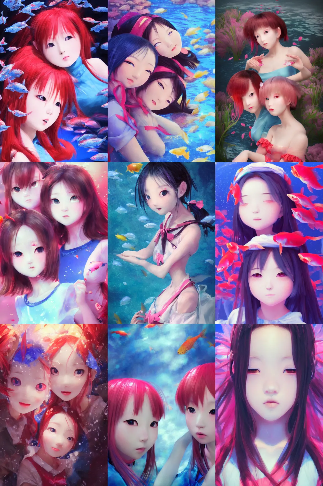 Prompt: 3d infrared octane render concept art by D. Jun, by Mo Xiang Tong Xiu, by Igarashi Daisuke, cute beauty selfie portrait anime funny two schoolgirls under dark pink and blue underwater. koi fish. beautiful and cutest sad face. dramatic deep light, trending on artstation, oil painting brush