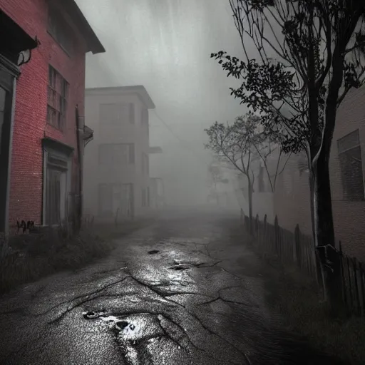 Image similar to a highly detailed photographic render of a creepy street by Silent Hill style, camera POV, horror scene, horror, bloody, ghost, creepy, cinematic lighting, cinematic scene, Volumetric lighting, Atmospheric scene, Dark, Horror, Atmospheric lighting, Global illumination cinematic render, film, beautifully lit, ray traced, octane 3D render, octane render, unreal engine
