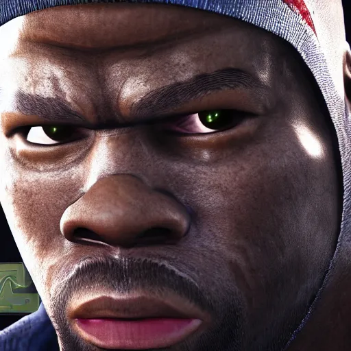 Image similar to a videogame still of 50 Cent in Tekken 7, portrait, 40mm lens, shallow depth of field, close up, split lighting, cinematic
