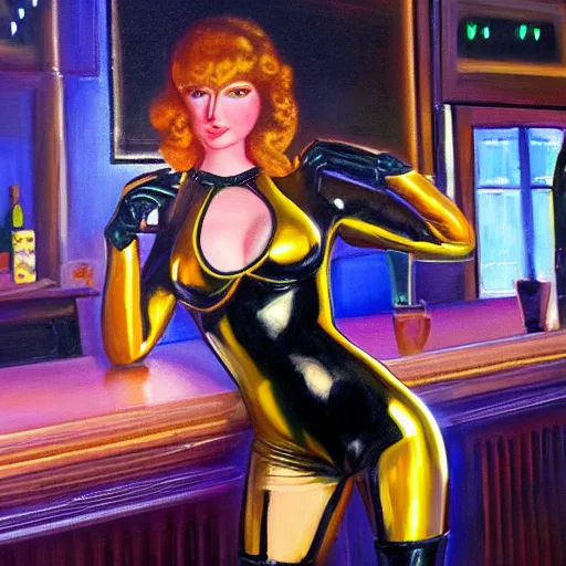 Image similar to a painting of a female wearing a latex suit drunk in a bar. by randolph hewton and edward robert hughes. trending on artstation, highly detailed, volumetric lightning, cinematic lightning