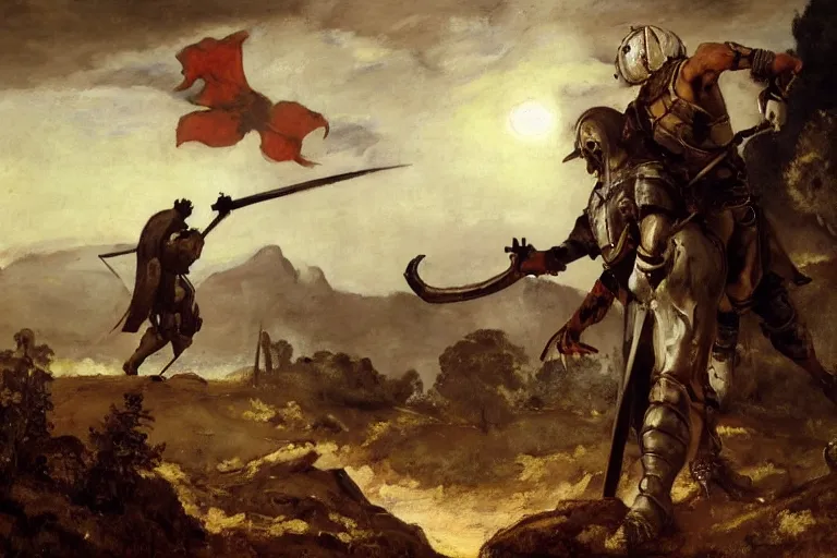 Prompt: landscape, realistic painting image about a templar knight has a mechanical arm, carrying a fire sword, versus a zombie mutant. dramatic scene, realism, created by gustave courbet and michaelangelo, trending in artstation, fine art, smooth draw with oil painting.