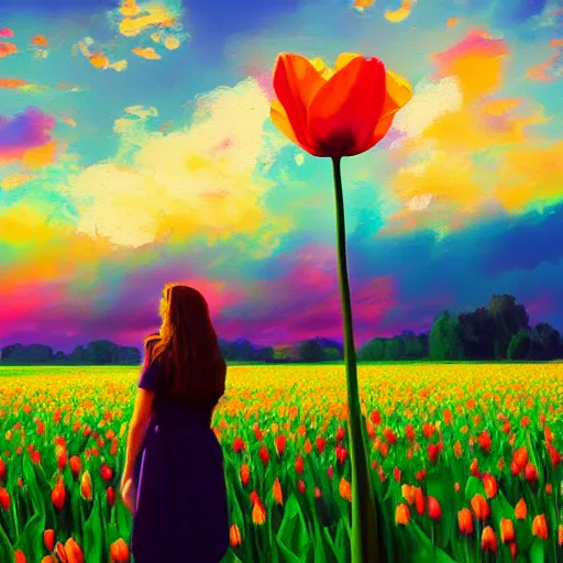 Image similar to large tulip face, girl standing in a flower field, surreal photography, sunrise dramatic light, impressionist painting, colorful clouds, digital painting, artstation, simon stalenhag