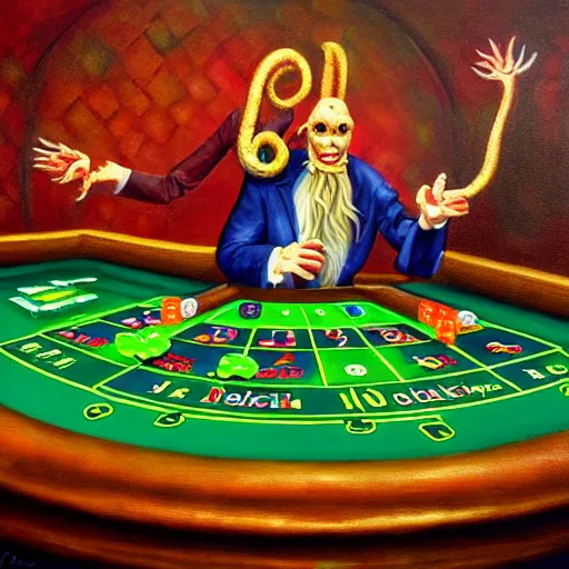 Prompt: cthulhu playing in a casino, realistic painting