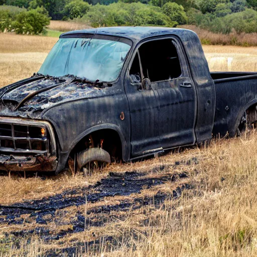 Image similar to burnt out pickup truck on fire in a field
