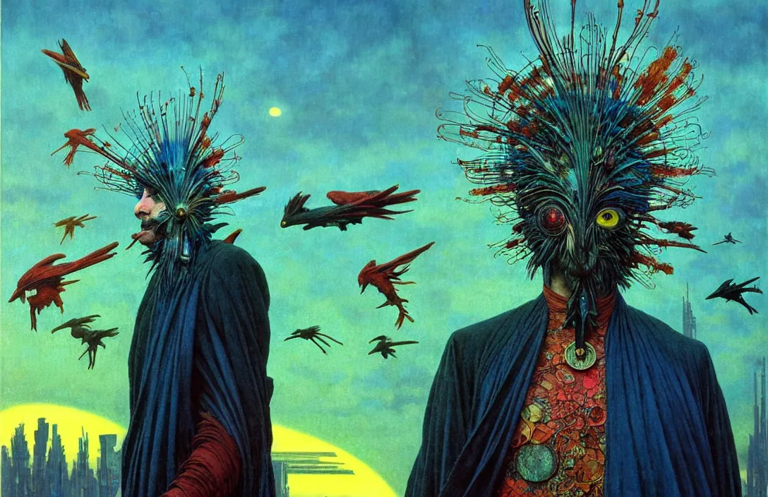 Prompt: realistic detailed portrait movie shot of a birdman wearing dark ragged robes, futuristic city sunset landscape background by denis villeneuve, amano, yves tanguy, alphonse mucha, ernst haeckel, max ernst, roger dean, rich moody colours, bird head, blue eyes