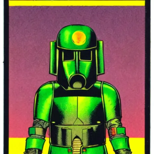 Image similar to portrait of a mutant chronicles bauhaus doomtrooper, wearing green battle armor, a yellow smiley sticker centered on helmet, by moebius