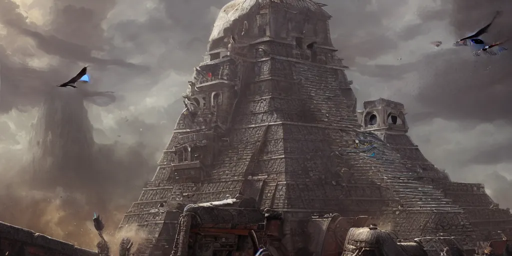 Image similar to An Aztec warrior watching ominous alien spacecraft flying above the Aztec temple. Intense dramatic epic sci-fi cinematic concept artwork in the style of Jacek Pilarski and Greg rutkowski and Sylvain Lorgeou. Trending on artstation