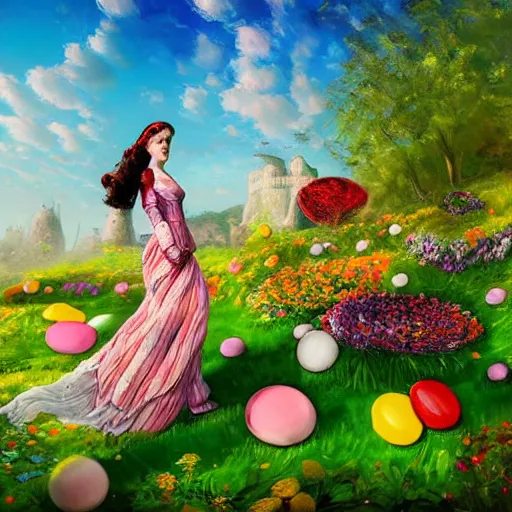 Prompt: portrait of a victorian woman, running up a hill of exotic flowers in the candyland, giant multicolored lollipops, and gumdrops, exotic plants in the shape of candies, from behind, Castle in distance, birds in the sky, sunlight and rays of light shining through trees, beautiful, solarpunk!!!, highly detailed, digital painting by Michael Garmash and Peter Mohrbacher