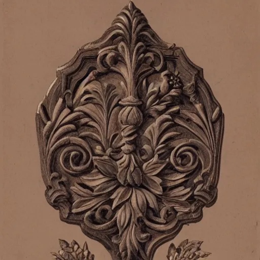 Image similar to a beautiful and masterful engraving decorative ornamental emblem, acanthus, floral, acroteria, arabesque, bead and reel, beams, bocage, cartouche, caulicoli, dentils, eagle, rendered in octane