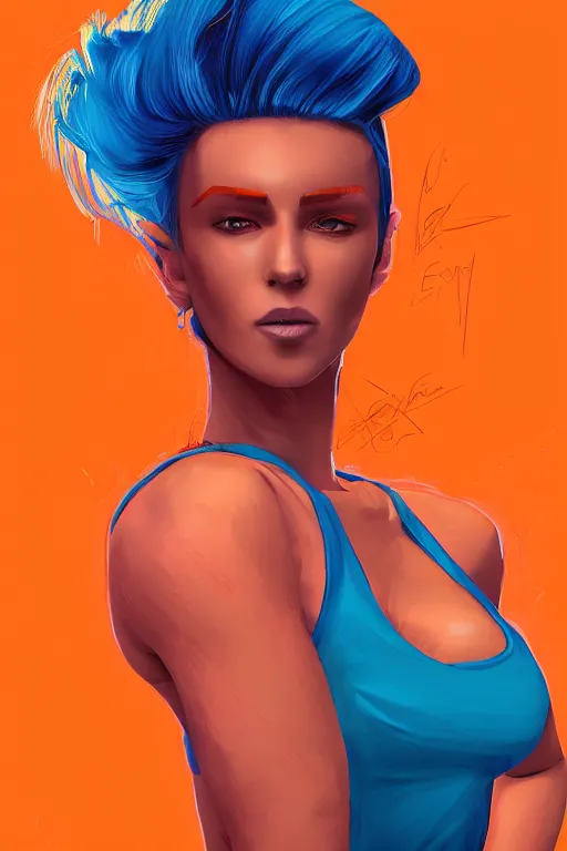 Image similar to a award winning half body portrait of a beautiful caucasian woman in a croptop and cargo pants with ombre orange blue teal hairstyle with head in motion and hair flying by will eisner, outrun, vaporware, digital art, trending on artstation, highly detailed, fine detail, intricate