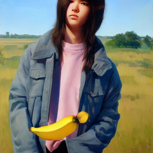 Prompt: oil painting by ilya kuvshinov,, baugh casey, rhads, coby whitmore, of a youthful japanese idol, long hair, holding banana, outdoors, highly detailed, breathtaking face, studio photography, dawn, intense subsurface scattering, blush, supple look, innocence, intense sunlight