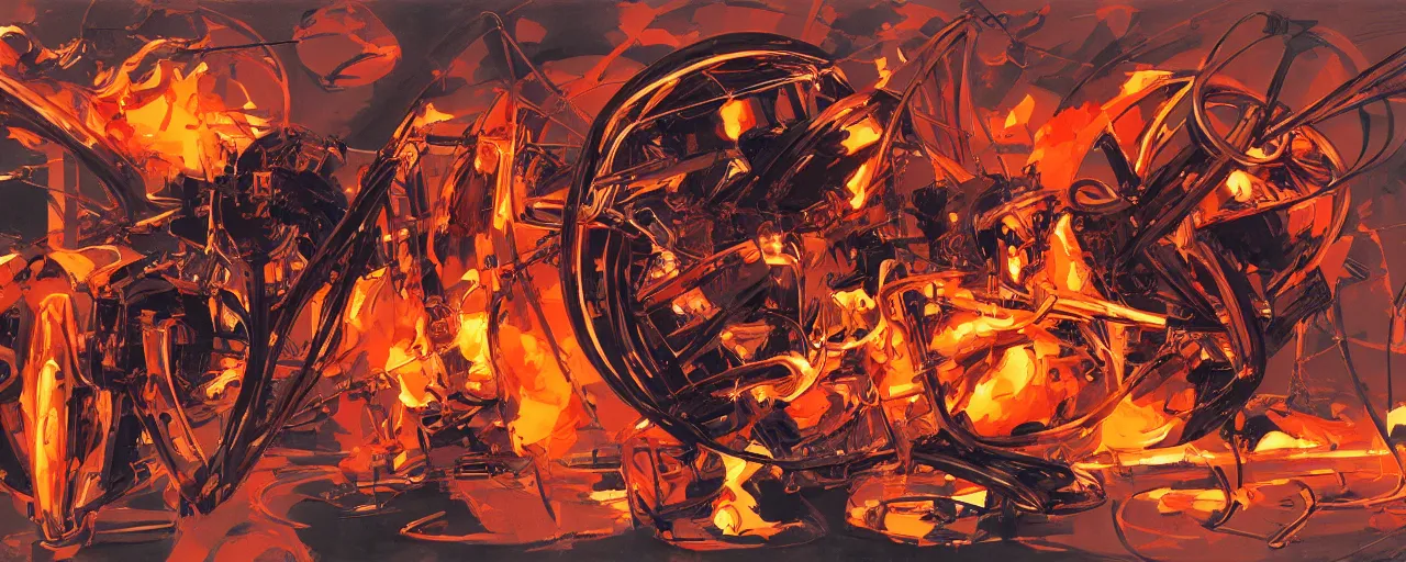 Image similar to atomic, flaming heart, anatomical, metal, expressive, art by syd mead